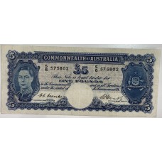 AUSTRALIA 1949 . FIVE 5 POUNDS BANKNOTE . COOMBS/WATT